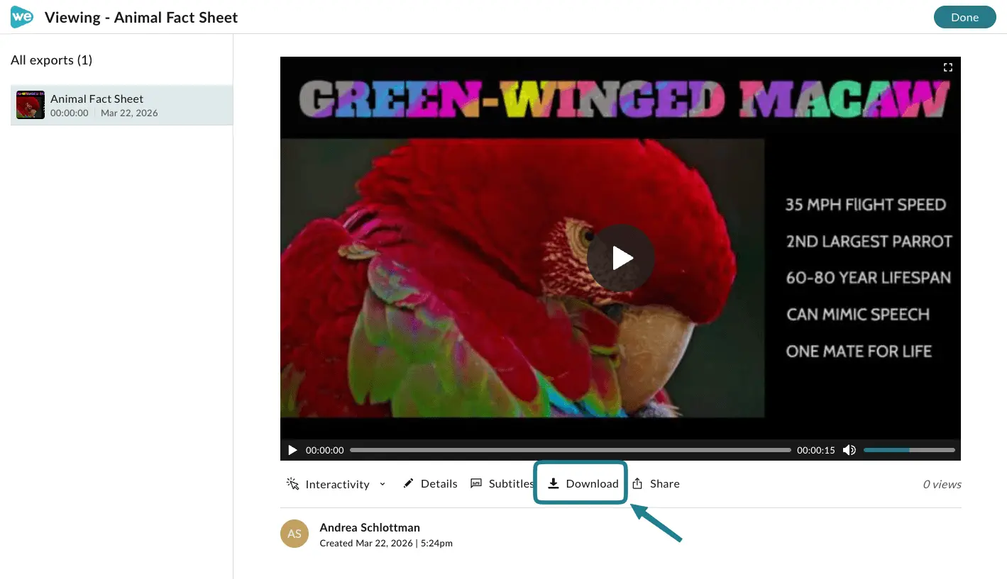 The download button on the exported project page.