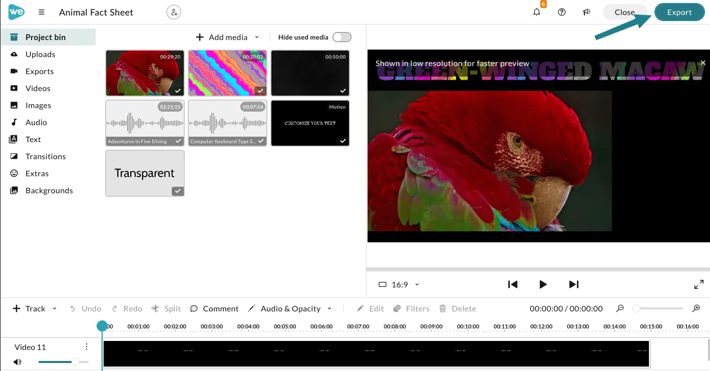 The export button in the WeVideo video editor.