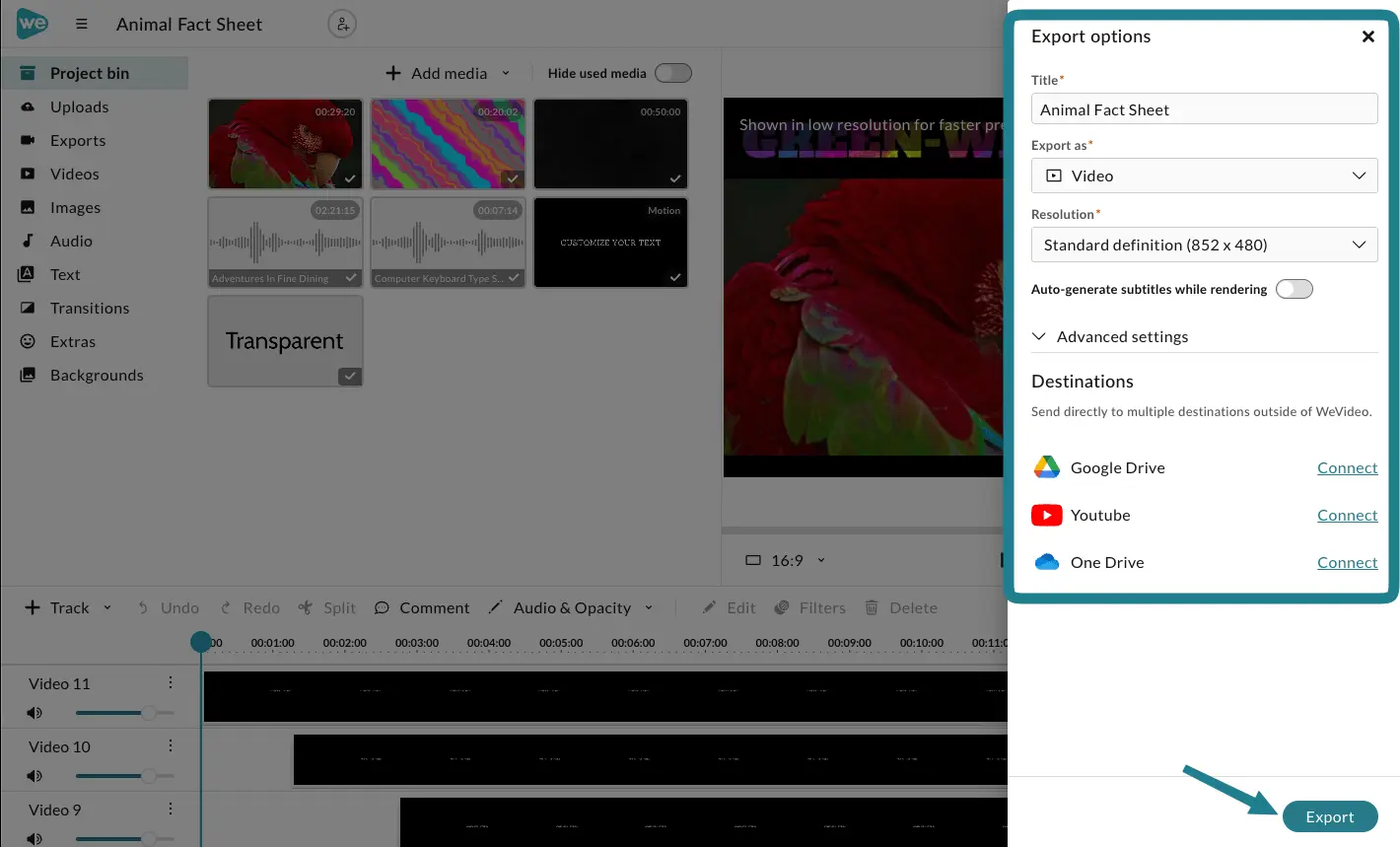 The Export button in the export options panel.