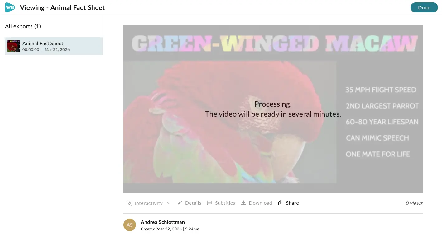 The processing page of the exported project.