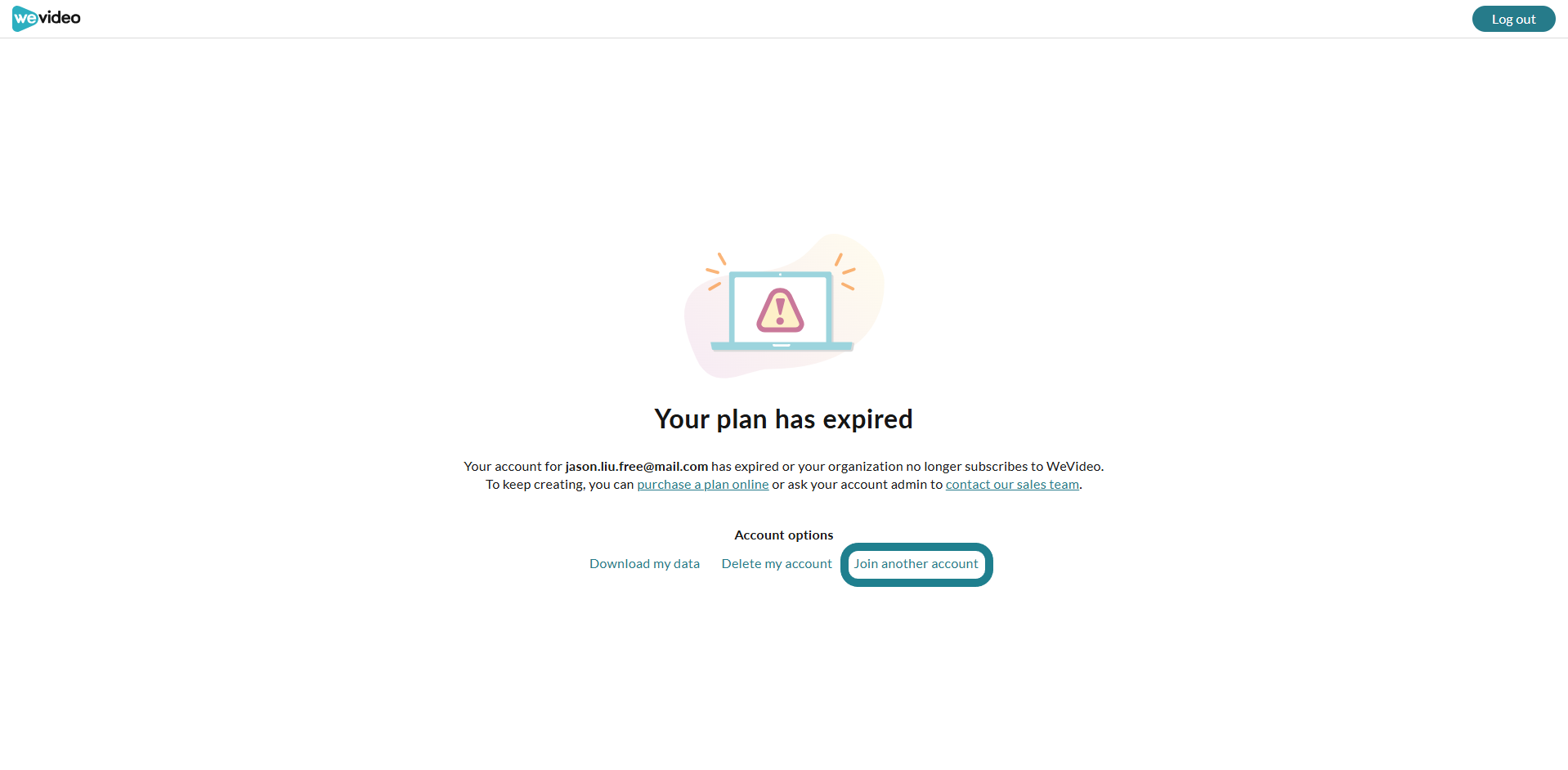 The trial expired page with the option to join another account.