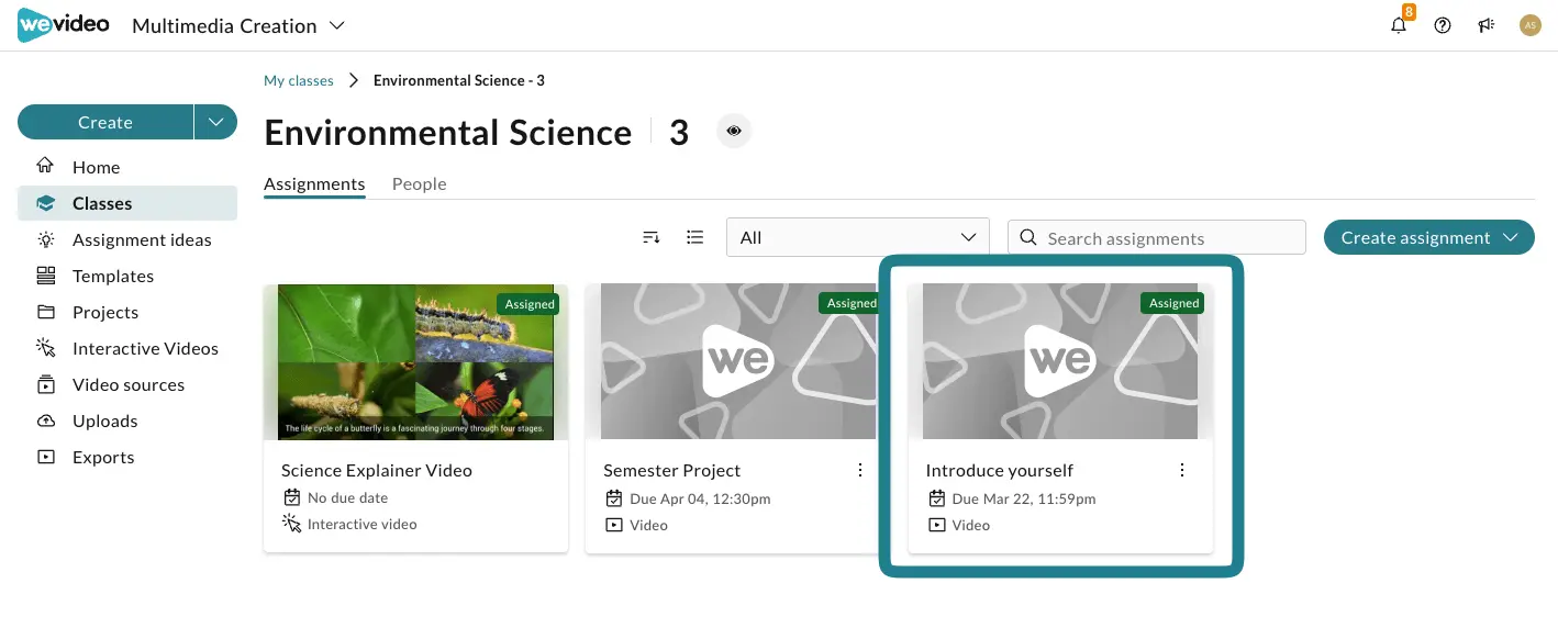 The assignments in the selected WeVideo class