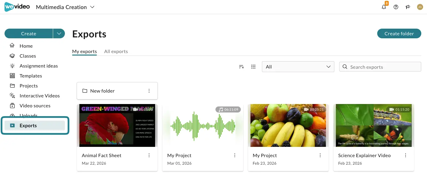 The exports tab in the WeVideo Multimedia Creation space.