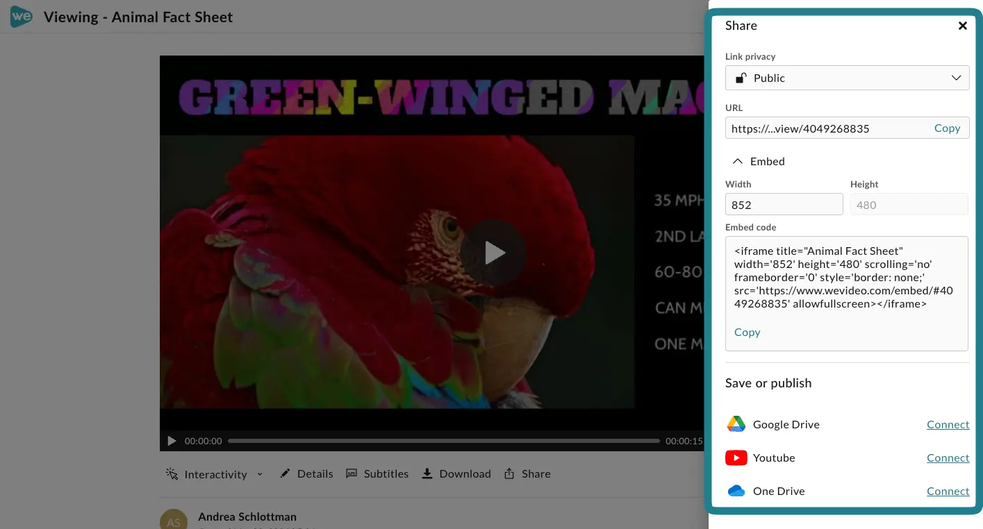 The sharing options for the export in WeVideo
