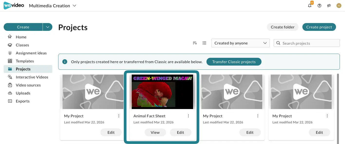The selected project on the projects page in WeVideo