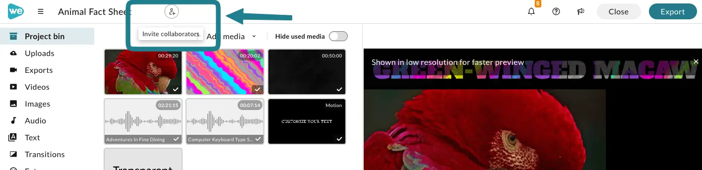 The invite collaborator button is at the top of the WeVideo Editor.
