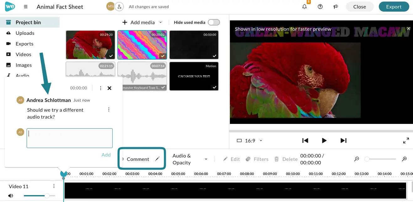 The comments input section in the video editor.