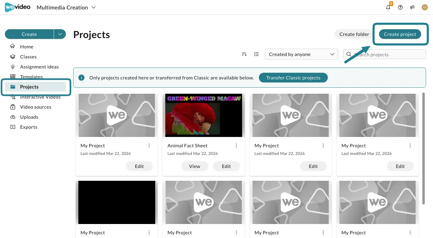 The create project button on the projects page in WeVideo.