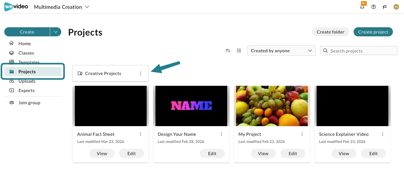 The shared folders on the projects page in the WeVideo Multimedia Creation space.
