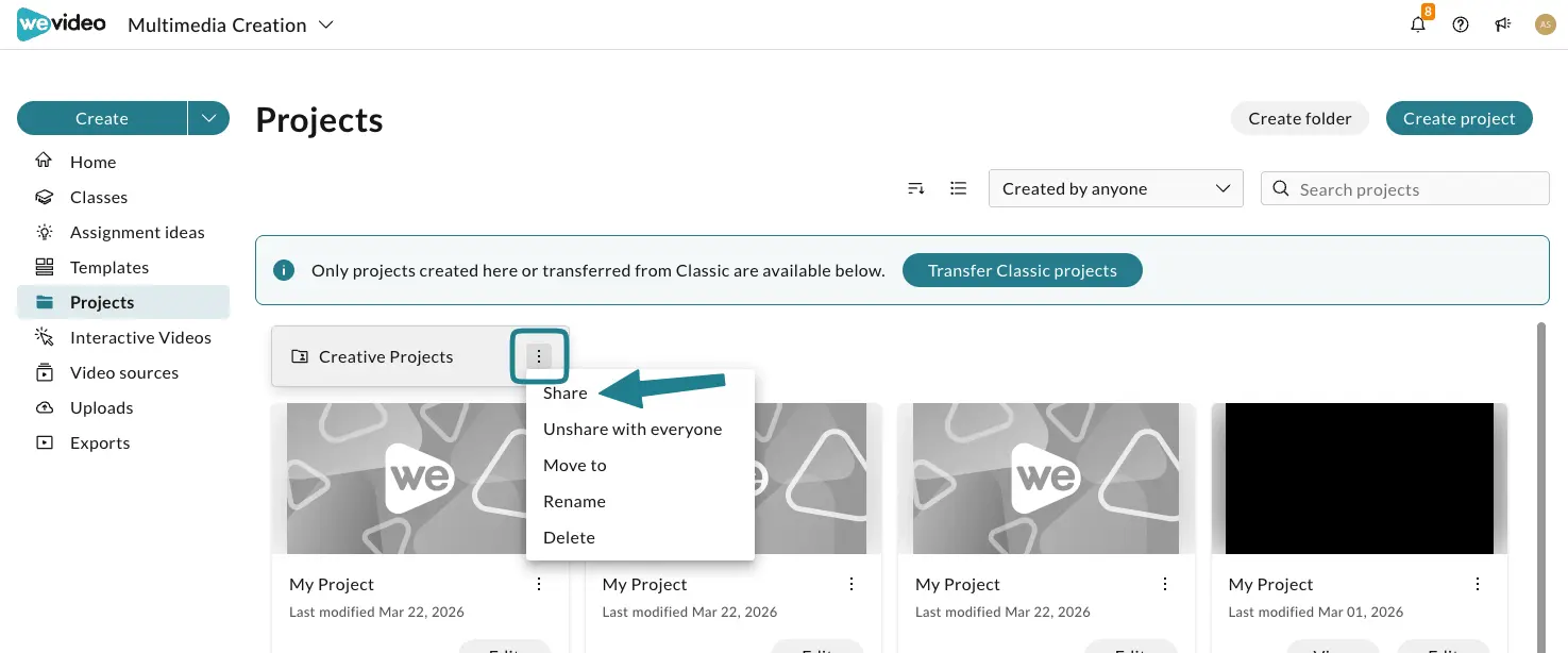 The share option of the folder in WeVideo.
