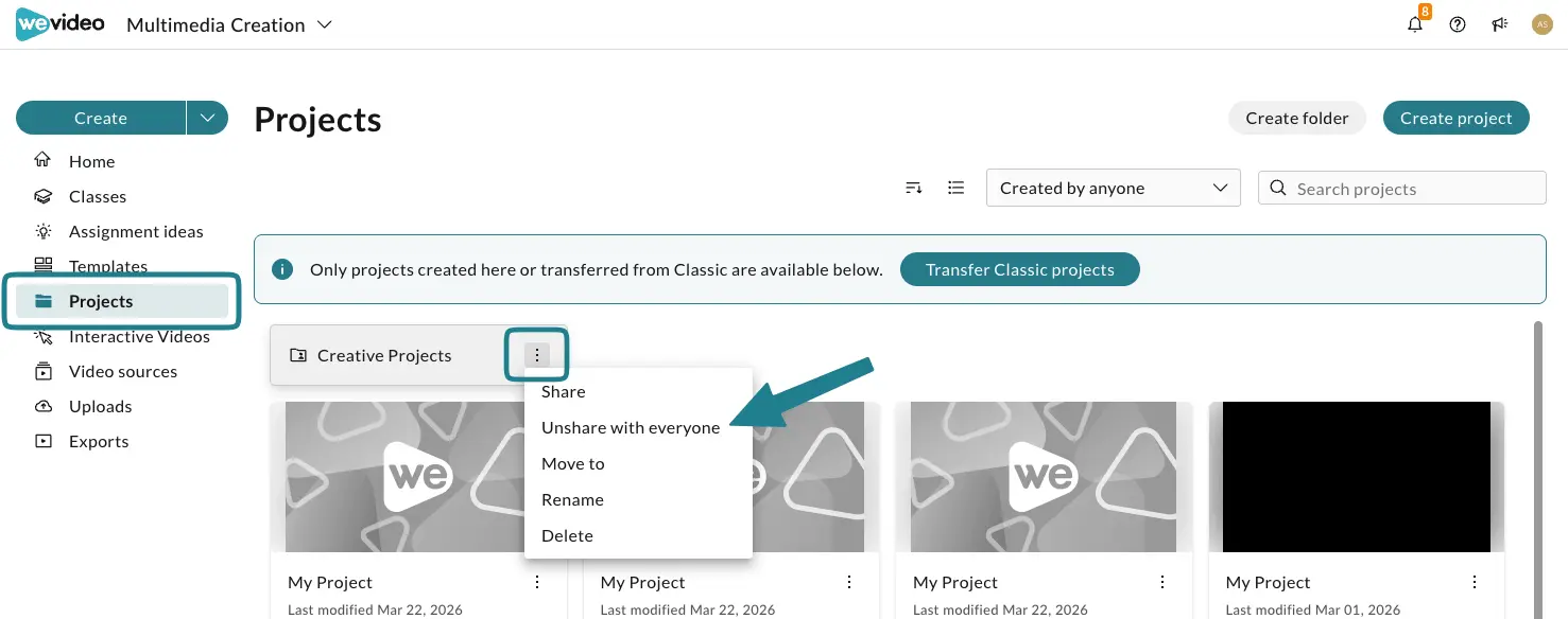 The unshare with everyone option for the folder in WeVideo.