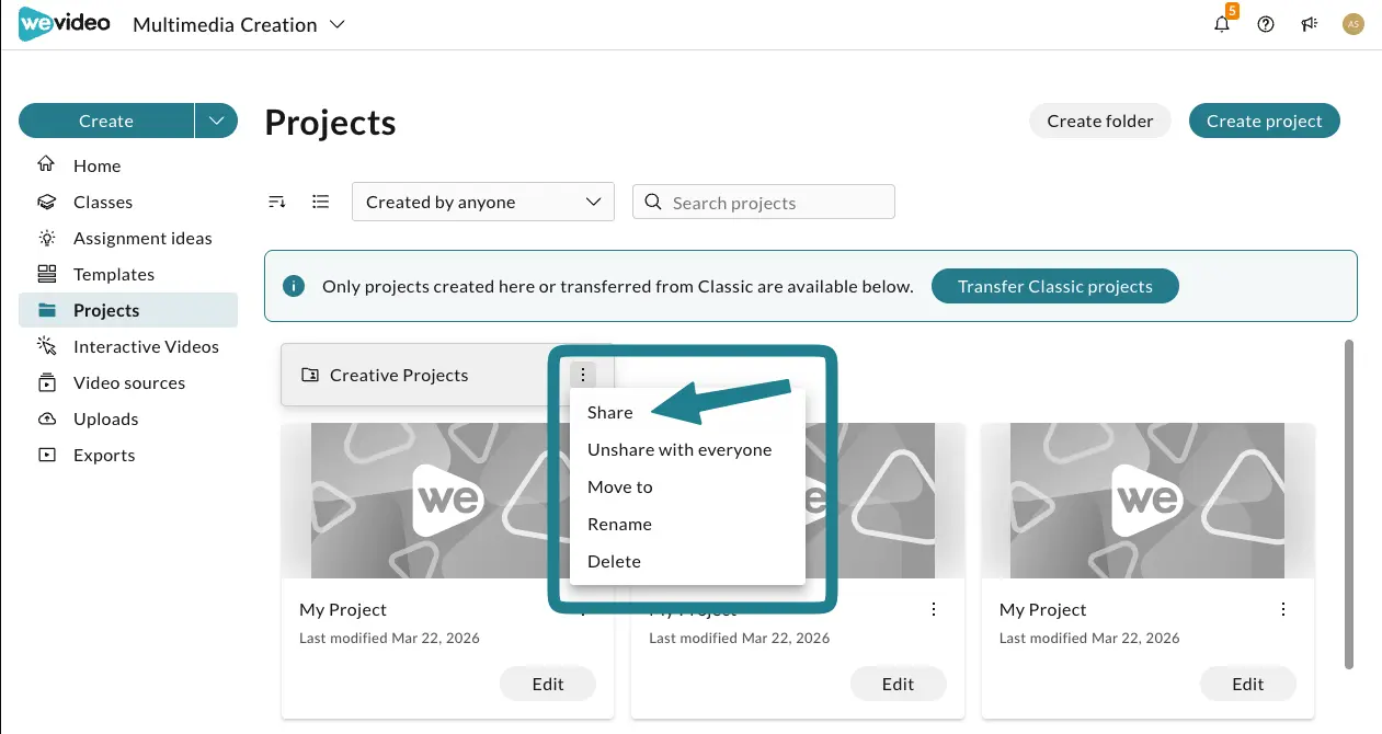 The share option in the project menu in WeVideo.