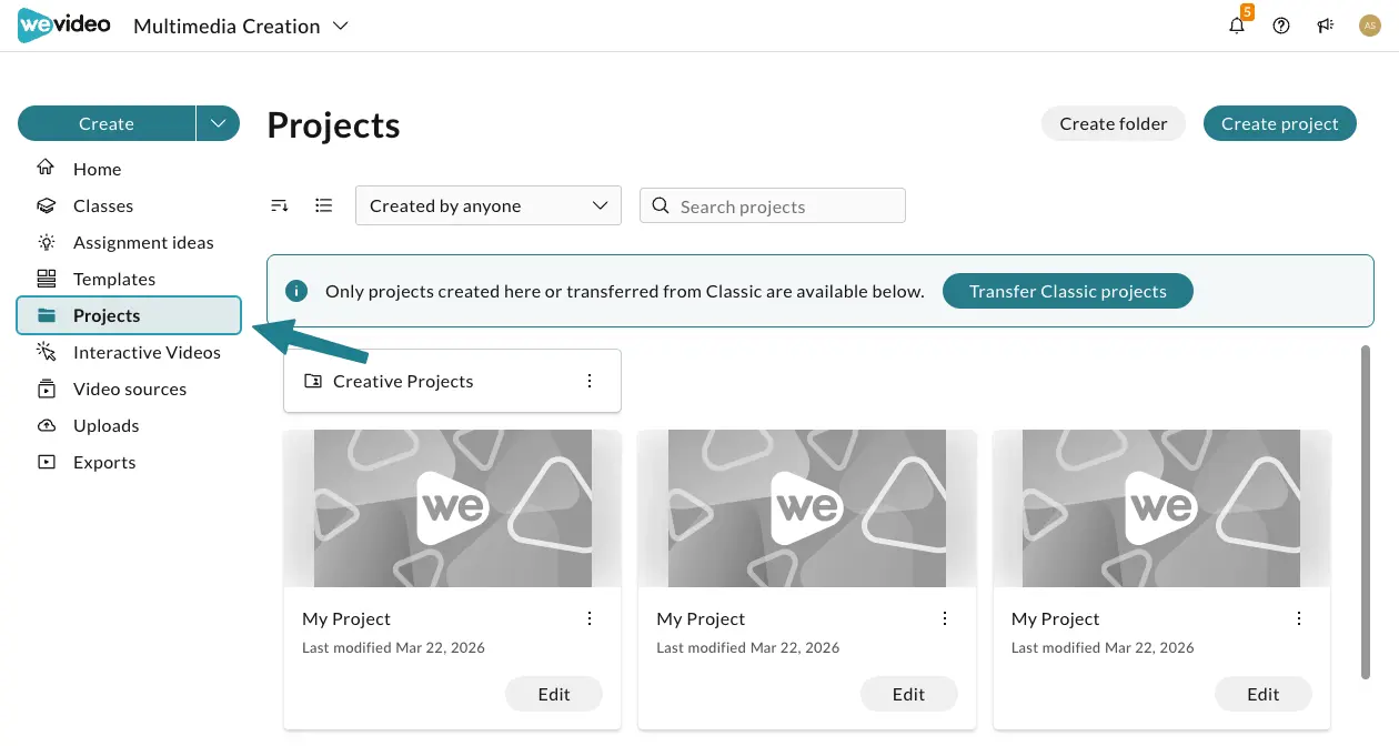 The projects page with the share folders and projects in WeVideo.