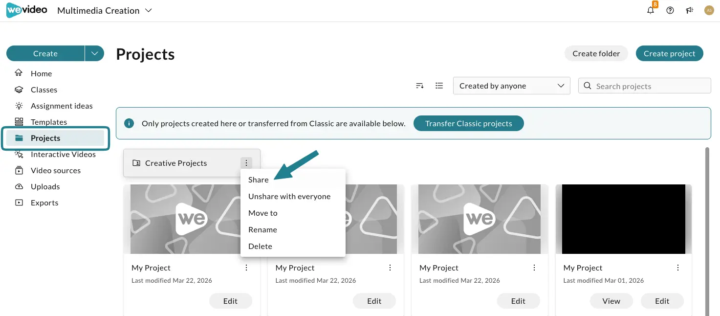 The share option in the menu on the projects page.