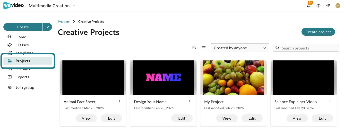 The projects page in WeVideo shows the shared folders and projects.