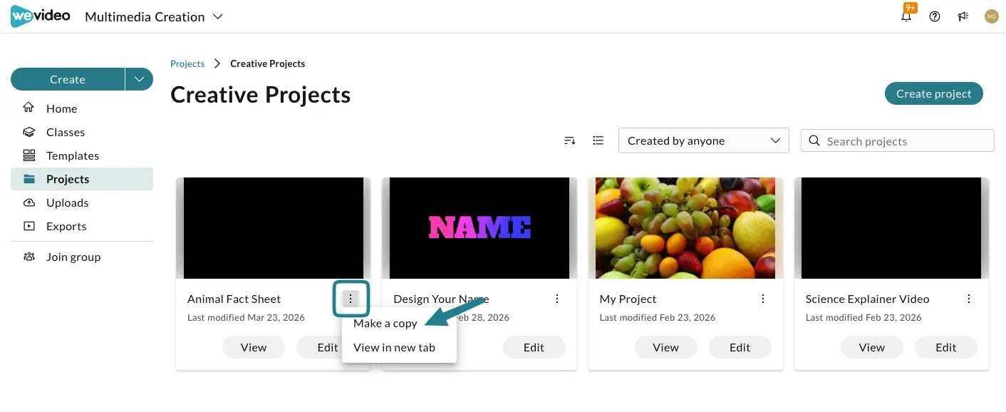 The copy option for the projects in WeVideo.
