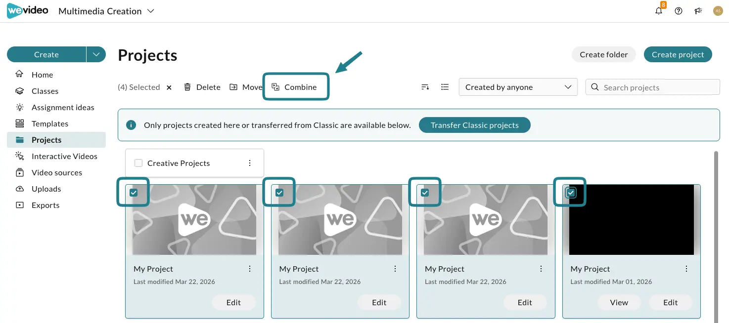 Select the projects with the checkboxes, then click the combine button at the top.