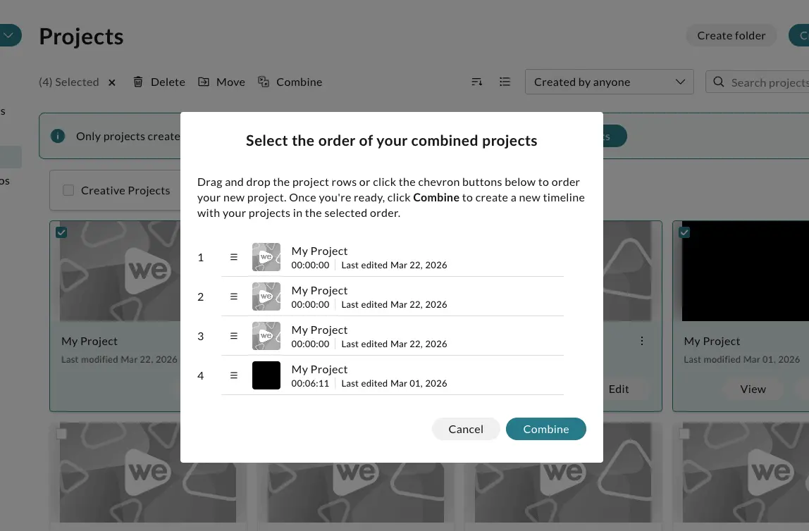 A list of selected projects that will be combined