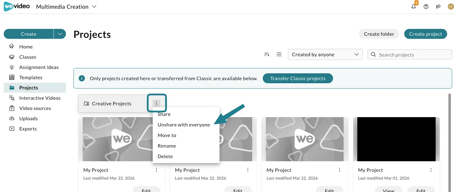 The unshare with everyone option for folders and projects in WeVideo.