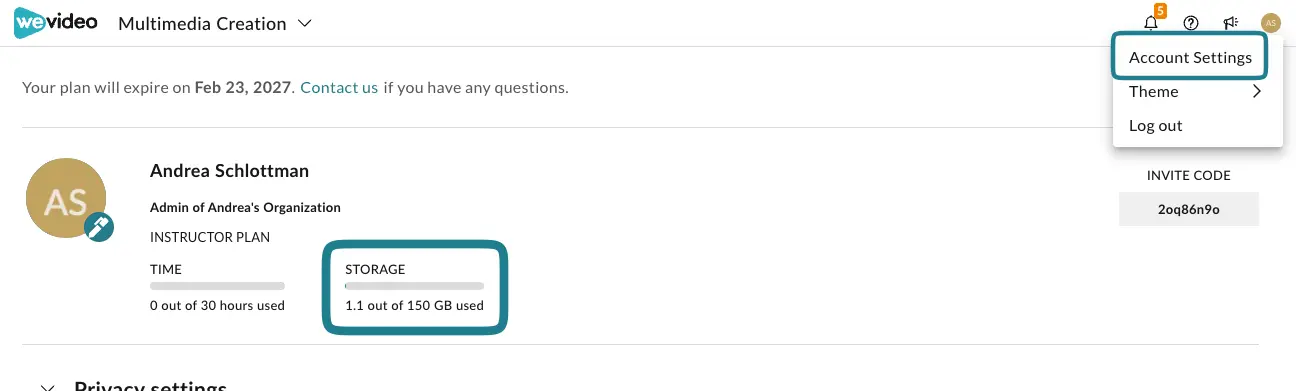 The account settings page in WeVideo.