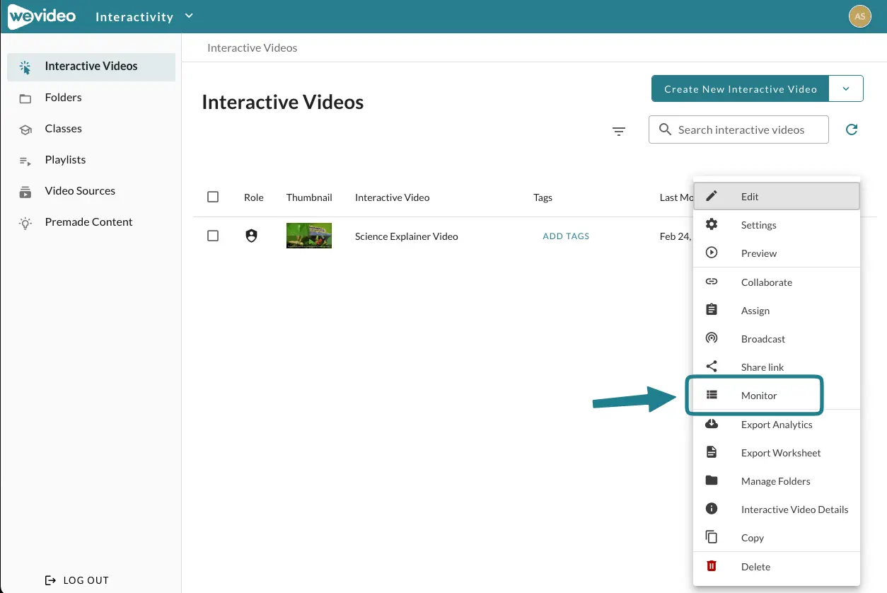 The monitor option in the interactive video's action menu.
