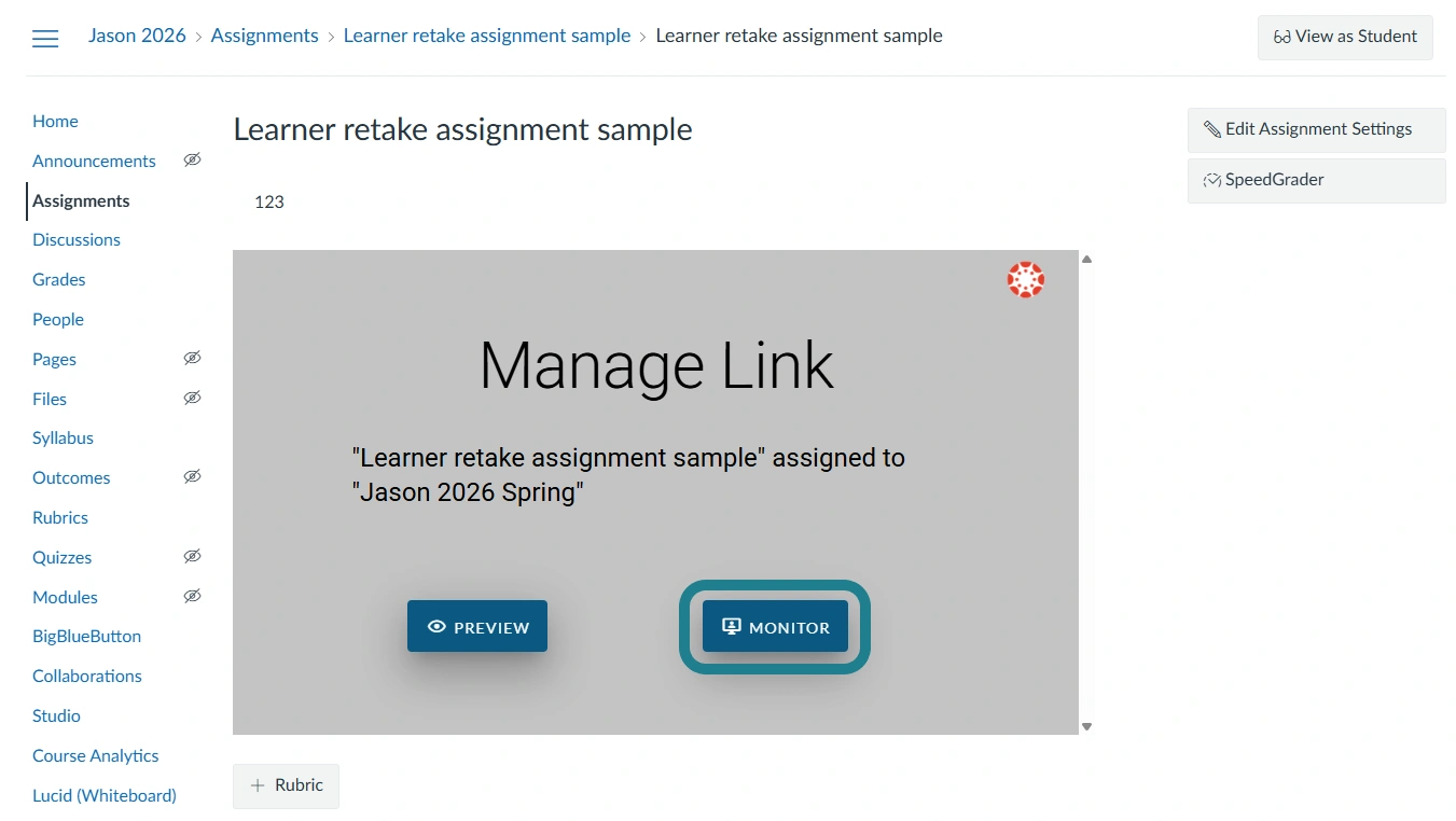The manage link window for the interactive assignment in the LMS.