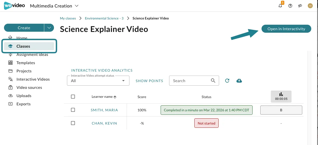 The assignment page in the WeVideo classes in the multimedia creation space.
