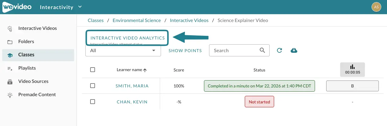 The interactive video analytics option is at the top of the monitor page in the WeVideo Interactivity space.