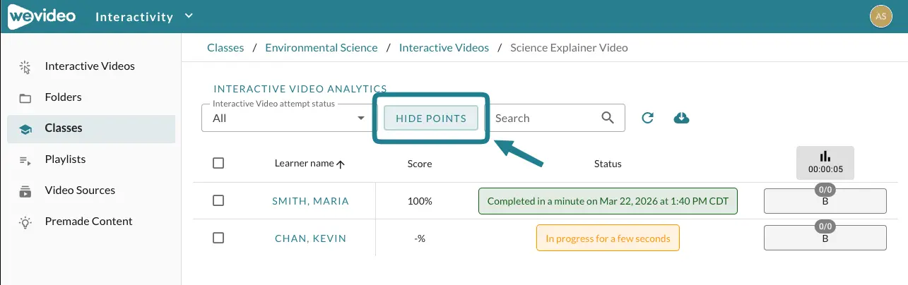 The show or hide points button on the monitor page.