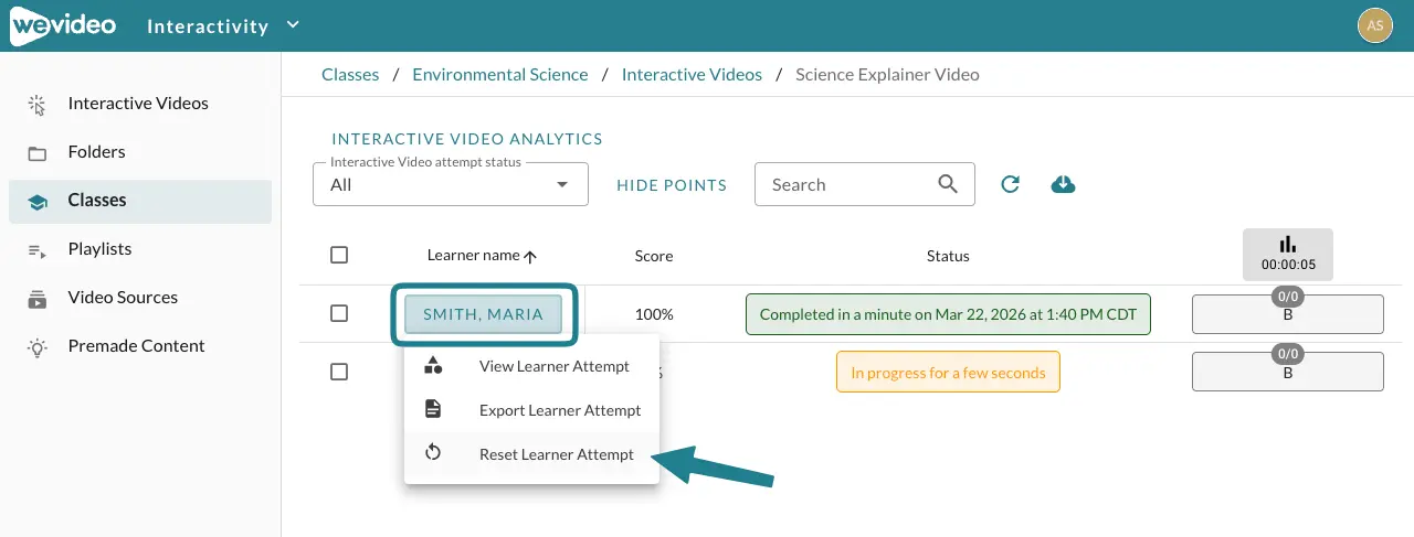 The reset learner attempt option in the action menu on the monitor page.