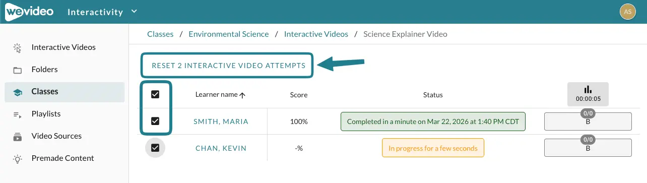 The reset learners' attempts option at the top of the monitor page appears when multiple learners are selected.