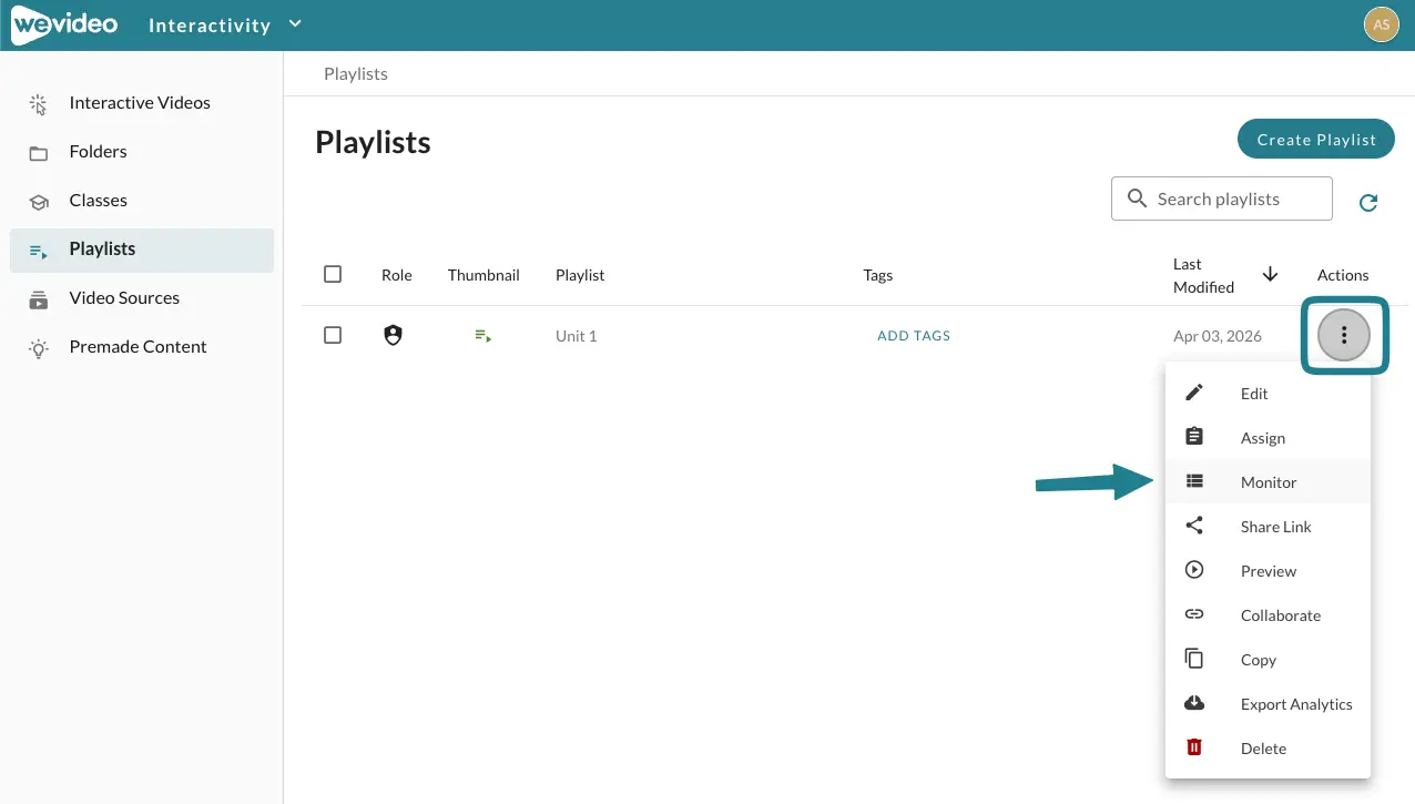 The monitor option in the playlist's action menu.