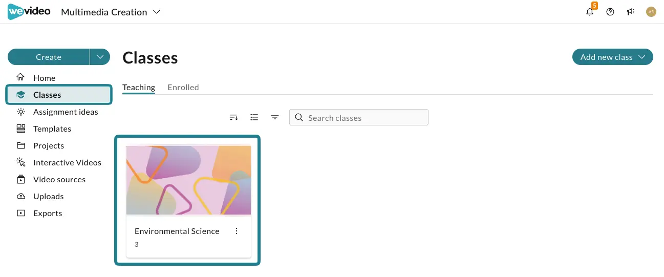 The classes page in the WeVideo Multimedia Creation space