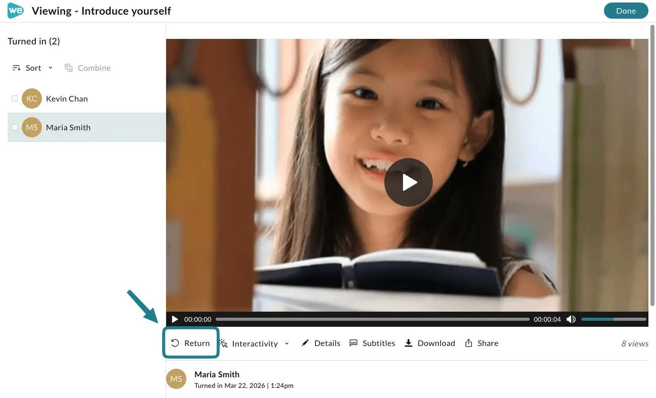 The return option for the submitted student's work.