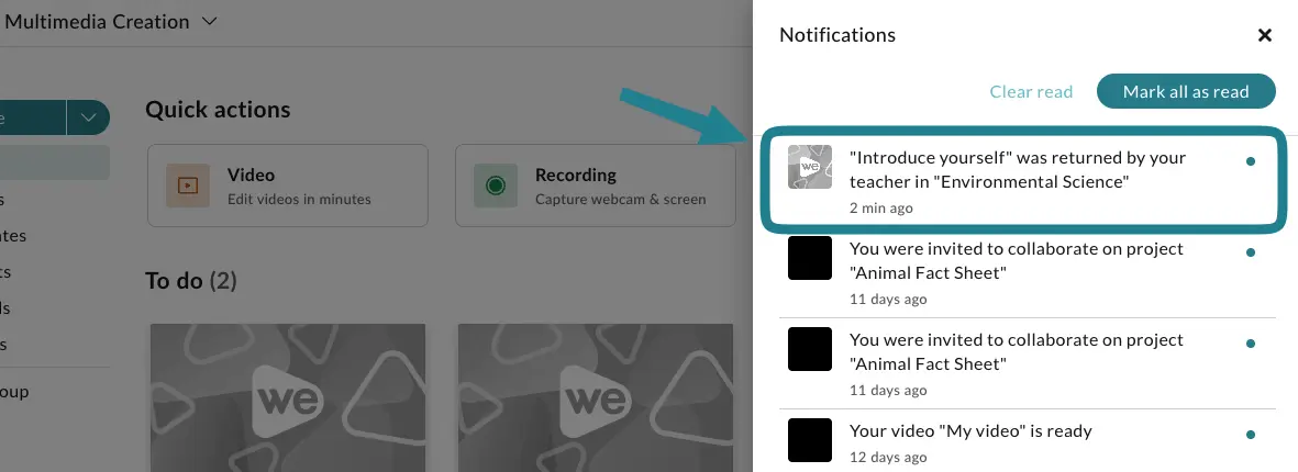 The notification informs the learner that the assignment has been returned by the instructor.