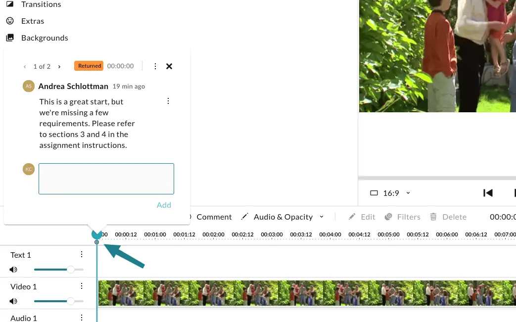 The instructor's feedback appears in the project editor.