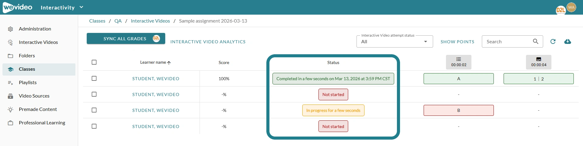 The status column on the assignment's monitor page.