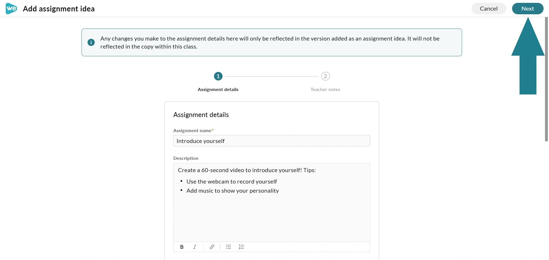 The next button on the add assignment idea page.
