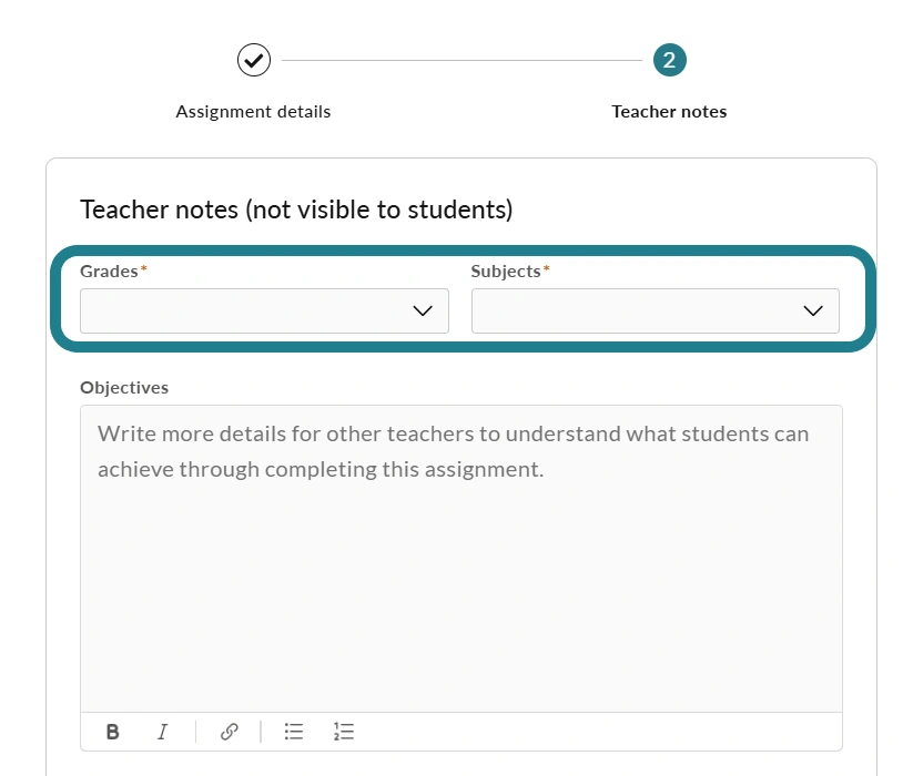 The grades and subjects section for the assignment idea.