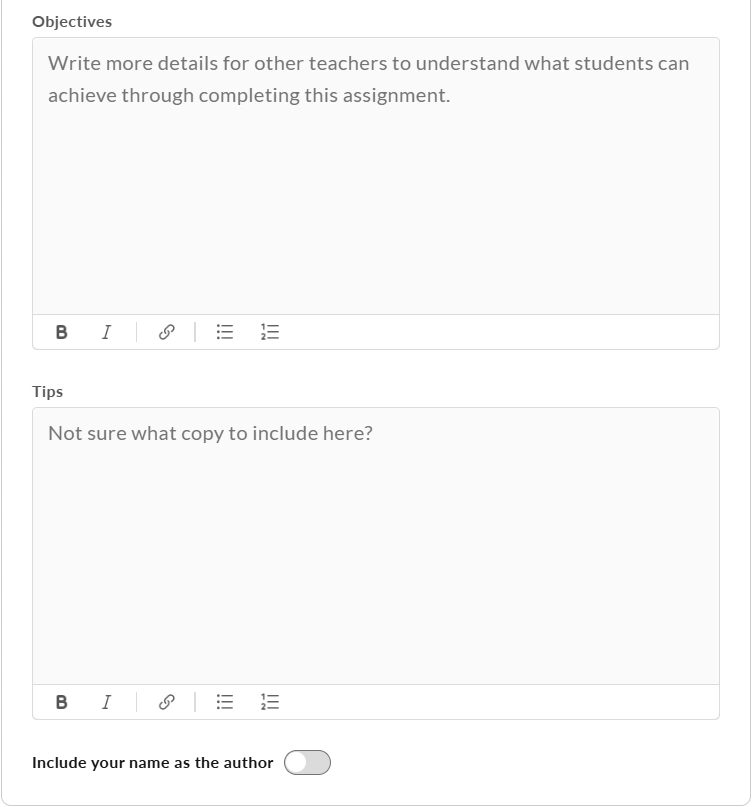 The learning objectives and tips section for the assignment idea.