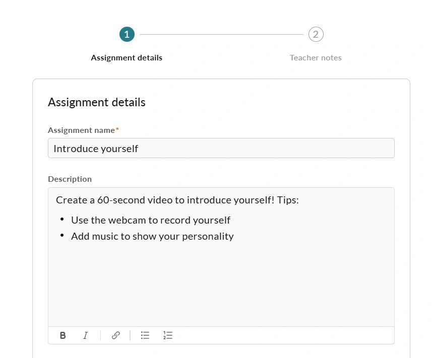 The assignment details page for the assignment idea