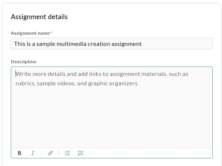 The name and description for the assignment