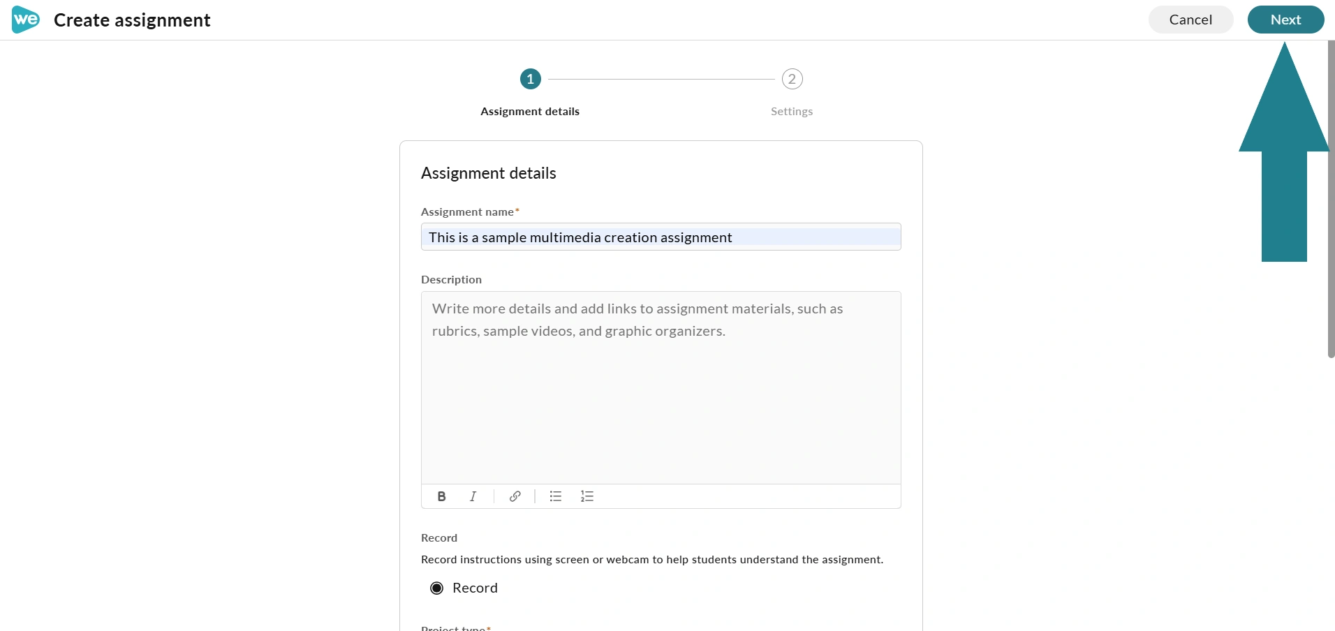The next button at the top right of the create assignment page.