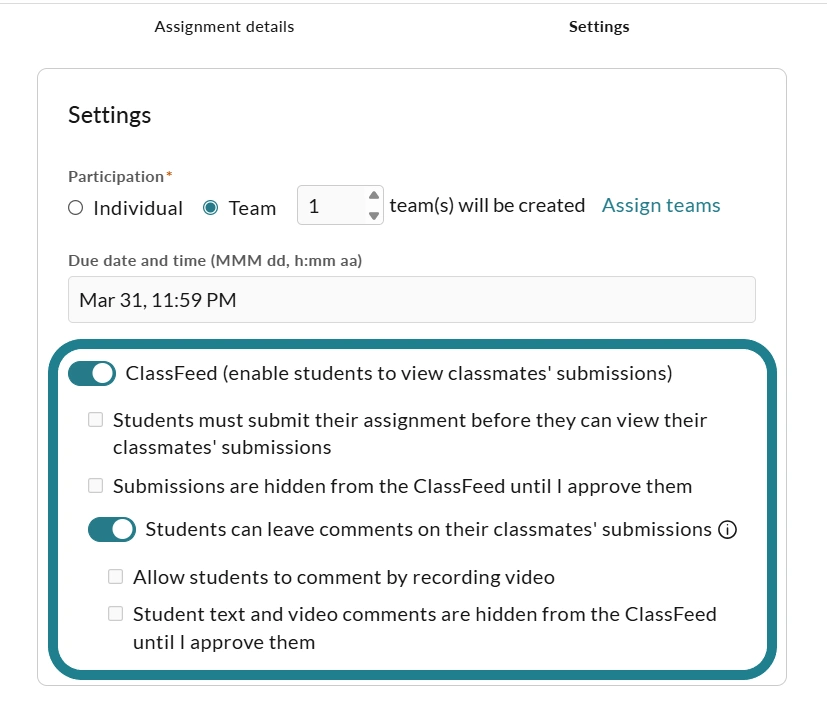 The ClassFeed settings for the assignment