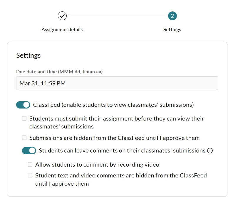 The ClassFeed settings for the assignment