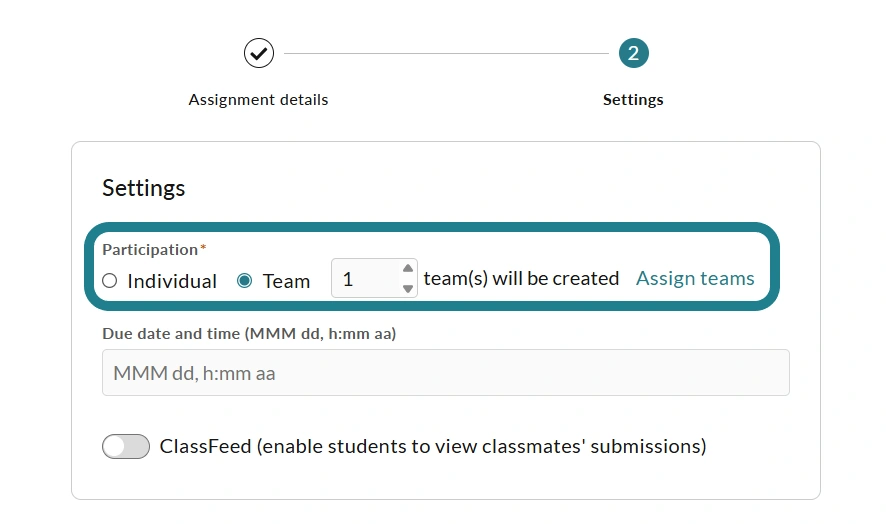 The participation options for the assignment