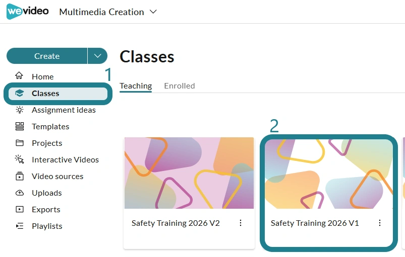 The classes page in Multimedia Creation space