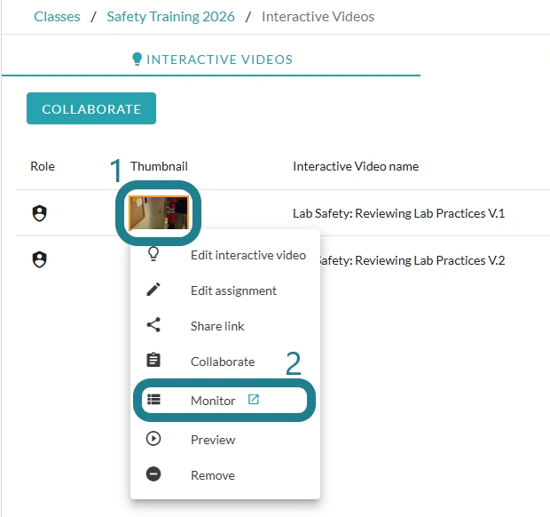 The monitor option of the selected interactive video