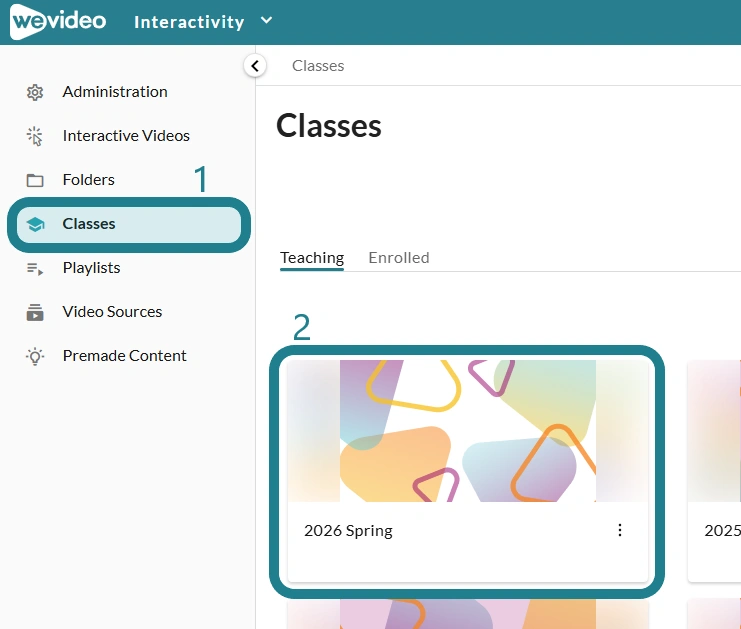 The classes page in WeVideo Interactivity space.