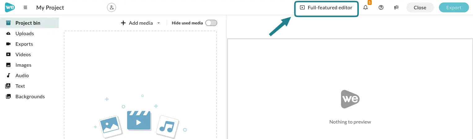The switch to full-featured editor option at the top of the storyboard editor.